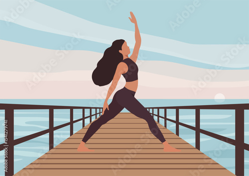 Woman doing yoga pose on wooden pier. Healthy lifestyle and fitness. Recreation and gymnastics. Health and harmony.