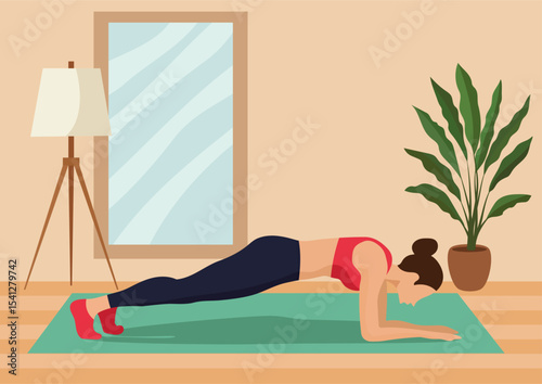 Woman doing plank pose on yoga mat at home. Fitness and recreation. Healthy lifestyle and wellness concept for exercise routine.