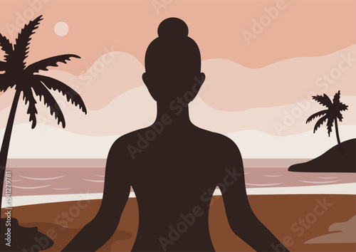 Meditating person doing yoga on a tropical ocean beach seashore at sunset. Mental health and physical well being concept during vacation or holidays.