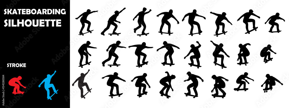Naklejka premium Skateboarding Silhouette Vector Set – Urban Sport, Skater Tricks, and Extreme Moves