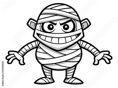 A friendly, yet mischievous cartoon mummy character, wrapped in bandages, with a wide grin and menacing eyes.