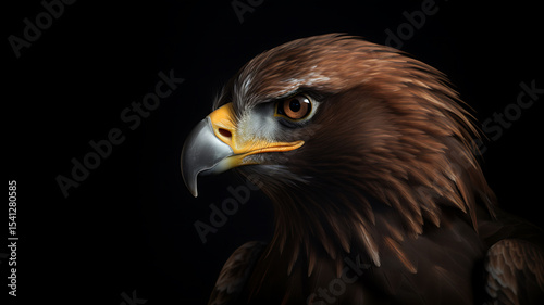 Realistic portrait of a majestic golden eagle with intricate feather details in darkness