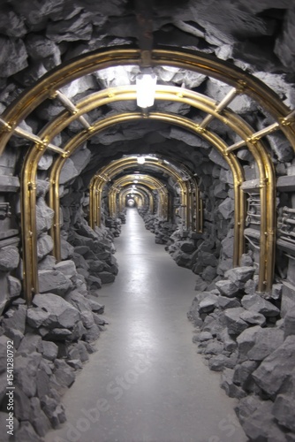A long tunnel with arched gold supports