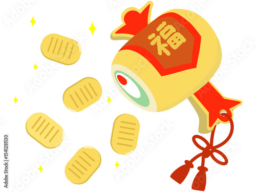 お正月縁起物　打ち出の小槌と小判　ベクターイラスト　年賀状