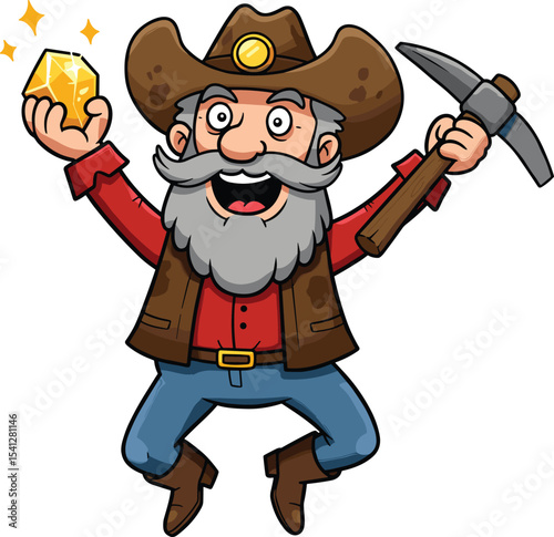 Cartoon gold miner character holding shiny gold nugget and pickaxe, happy prospector jumping with beard, western outfit, isolated on white background, vector illustration