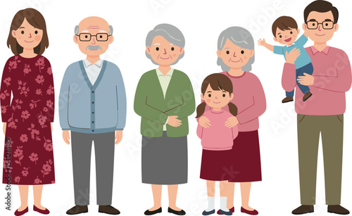 Cartoon multigenerational family portrait, grandparents, parents, children illustration, happy extended family standing together, smiling faces, isolated flat vector on white background