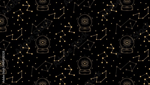 Bild auf Leinwand Seamless pattern featuring crystal balls constellations and stars on a black bac