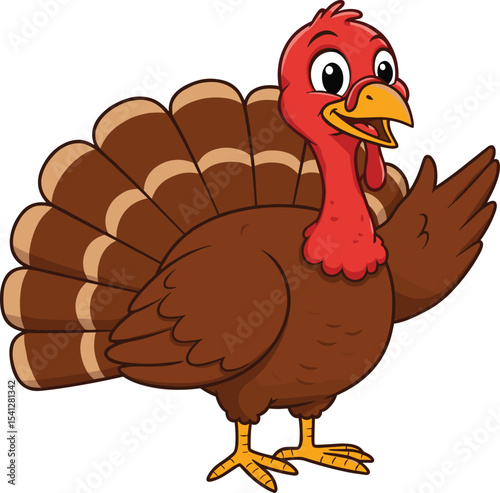 Cute cartoon turkey illustration, thanksgiving bird character, happy smiling turkey, brown feathers, farm animal drawing, festive mascot, holiday clipart, funny poultry, vector animal art