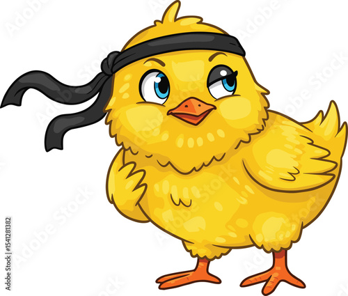 Cute cartoon yellow chick with black ninja headband, confident expression, isolated on white background, adorable baby bird warrior vector illustration, martial arts chicken character