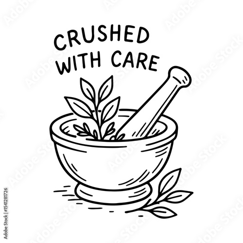 Herbal Grinding Art Hand-Drawn Mortar and Pestle with Fresh Herbs Doodle Vector, Perfect for Wellness, Apothecary, and Cooking Concepts