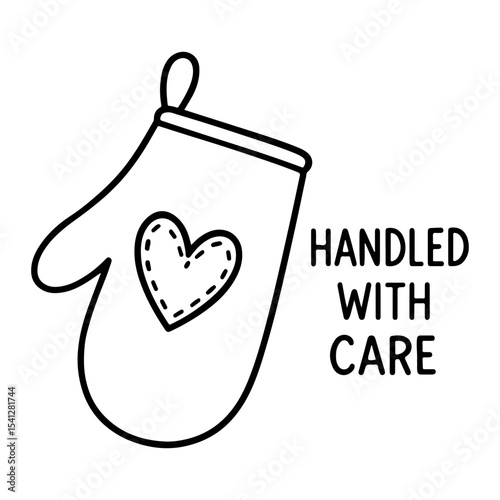 Handled with Care Oven Mitt with Heart Outline Vector Illustration for Kitchen Safety