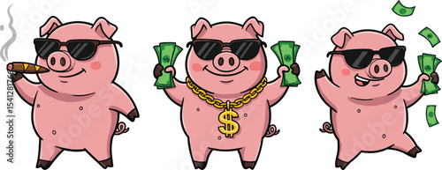 Funny cartoon rich pigs with sunglasses, holding money, smoking cigar, luxury lifestyle illustration, hip hop gangster pig characters, wealth concept, money success humor art