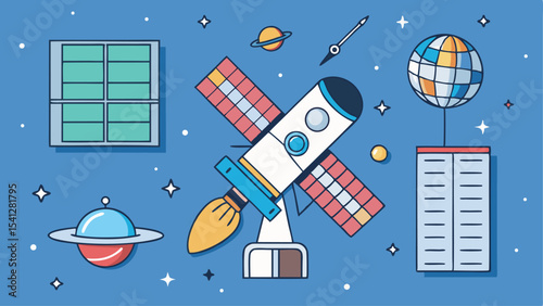 Illustration of a rocket ship, planet, ufo, window, globe, and stars on a blue background