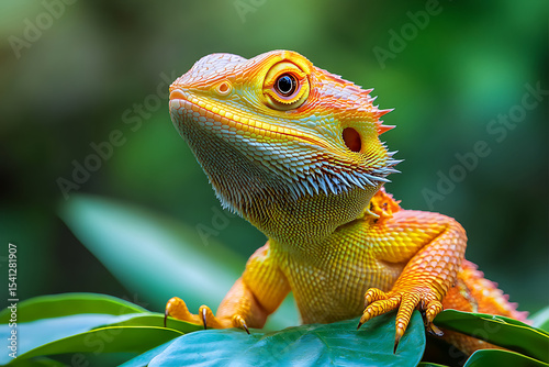 Vibrant close up portrait of a colorful bearded dragon perched on lush green foliage