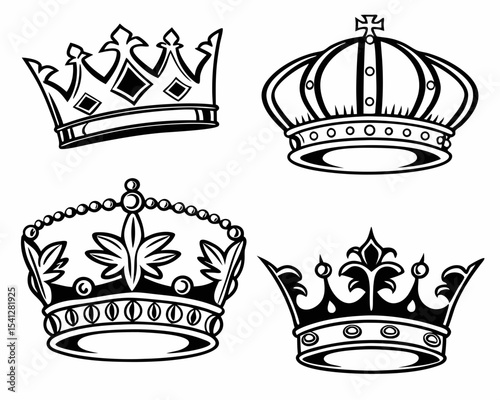 Set of 5 Royal Crown Vector Illustrations – Black and White Silhouettes in Classic and Modern Styles