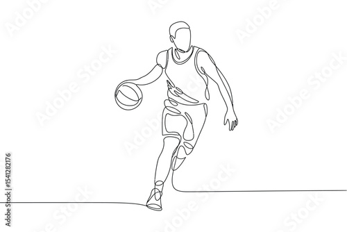 Continuous line drawing of basketball player dribbling