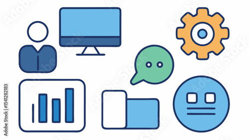 Illustration featuring a user icon, monitor, chart, gear, chat bubble, and folder icon design