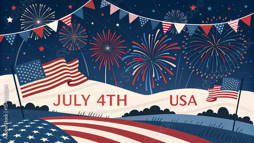 July fourth usa independence day celebration with fireworks and american flags vector illustration