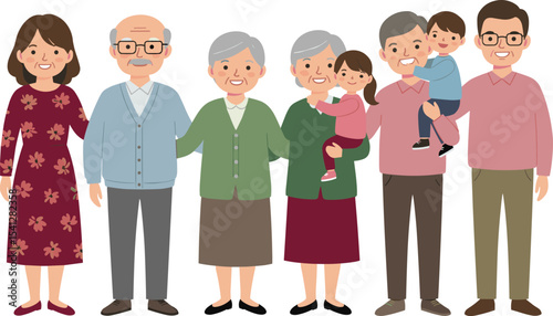 Happy multigenerational family illustration, grandparents with grandchildren, smiling cartoon characters, large extended family portrait, elderly parents, children and grandchildren,