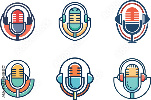 Colorful Microphone and Headphones Logo Designs perfect for podcasting branding audio applications music industry and broadcast media