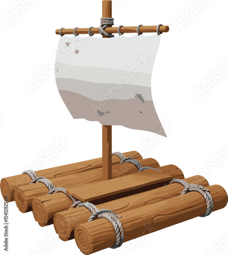 Wooden raft with sail isolated on white, primitive watercraft, survival boat, handmade floatation device, cartoon style illustration, adventure concept, nautical object, rustic marine design