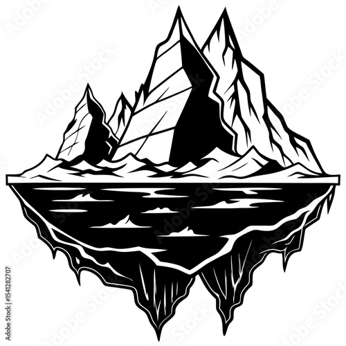 Black and white illustration of a floating mountain