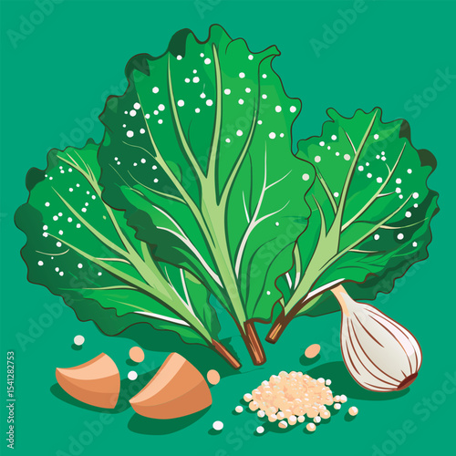 Fresh greens. garlic. and seeds.