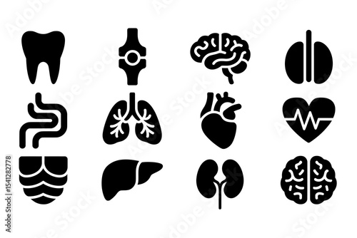 Black Medical Icon Set. Human Organ and Body System Silhouettes