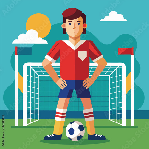 A football player with a ball in front the goal post, soccer player with ball