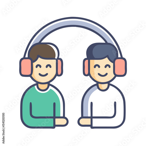 Two friends sharing headphones listening to music together