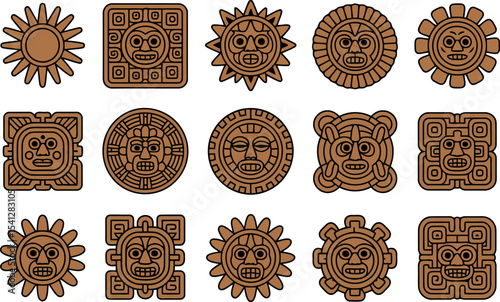 Another collection of brown icons features more detailed Aztec sun masks. 