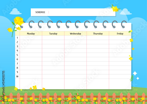 Spring-themed weekly school timetable with yellow flowers and blue sky – cute kids planner illustration. vector illustration.