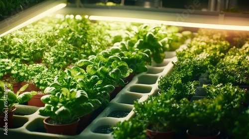 Indoor hydroponic vegetable garden with lush green leafy plants growing under artificial grow lights in a modern setting
