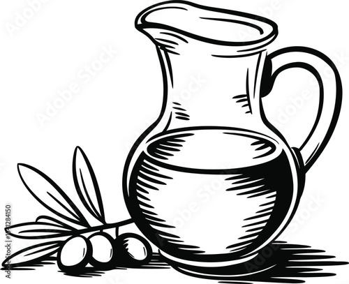 A beautifully detailed black-and-white illustration of a pitcher with olive branches and olives. This design is perfect for culinary projects, restaurant branding, or any creative endeavor related to 