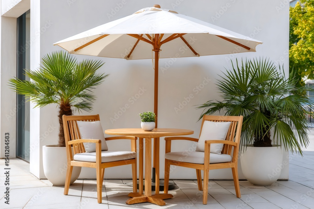 Fototapeta premium Patio furniture set under a parasol creating a relaxing outdoor space