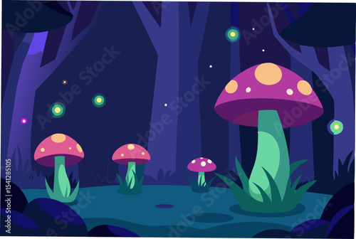 Enchanted Forest Night Scene with Glowing Mushrooms and Fireflies