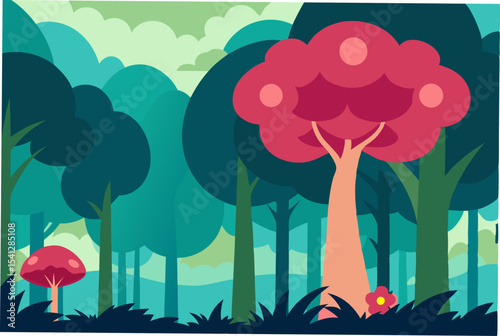 Enchanted Forest A whimsical illustration of a vibrant, lush forest with unique flora and fauna.
