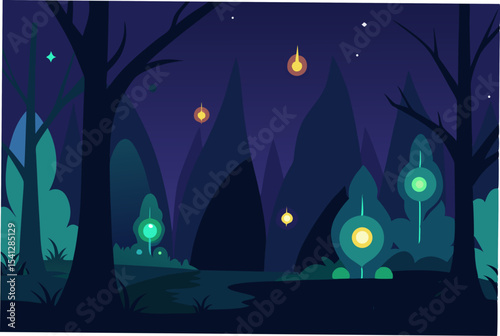 Enchanted Forest Night Glowing Plants and Mystical Lights