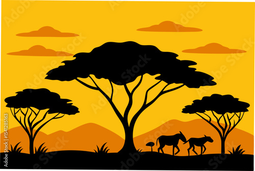 African Savanna Sunset Silhouette Landscape of Majestic Acacia Trees and Zebras