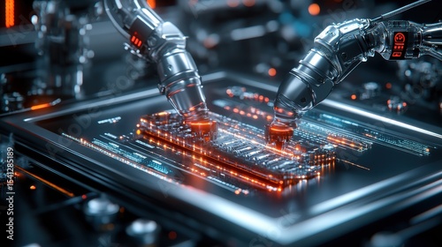 Futuristic robotic arms assembling a glowing microchip on a high-tech platform, showcasing technological precision in advanced electronics.