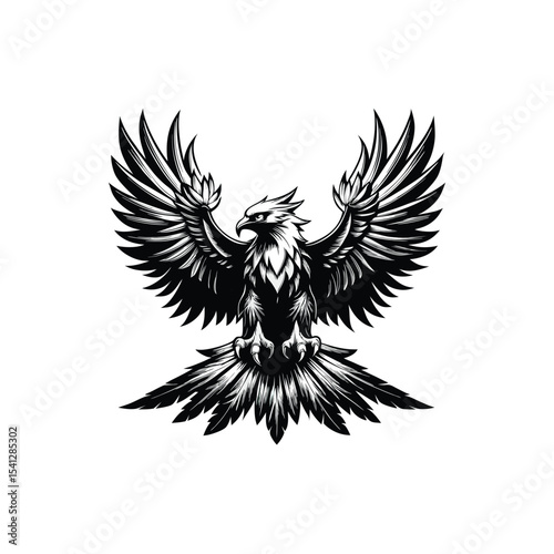 eagle with spread wings, detailed digital art, sharp and crisp, photorealistic, cinematic lighting, dramatic contrast, high contrast, black and white on white background in Adobe Illustrator Artwork