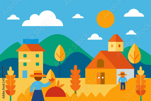 Autumn Harvest Farm Scene Colorful Illustration of Rural Life and Agriculture
