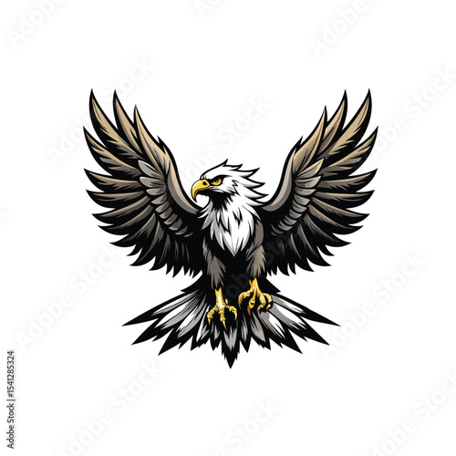 eagle with spread wings, detailed digital art, sharp and crisp, photorealistic, cinematic lighting, dramatic contrast, high contrast, black and white on white background in Adobe Illustrator Artwork