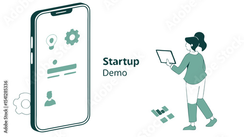 Illustration of a woman holding a tablet next to a large smartphone displaying startup demo icons and text