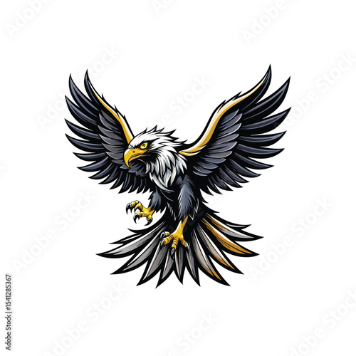eagle with spread wings, detailed digital art, sharp and crisp, photorealistic, cinematic lighting, dramatic contrast, high contrast, black and white on white background in Adobe Illustrator Artwork