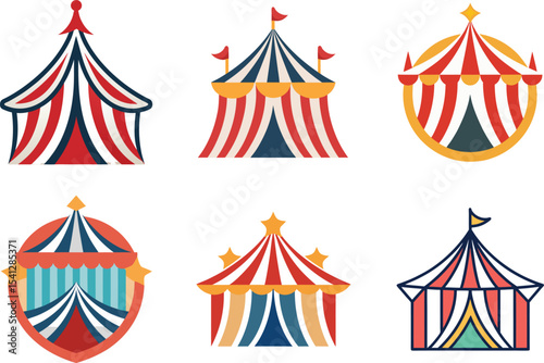 Striped Circus Tent Icons Set Perfect for Branding Design Projects needing playful yet professional logos and whimsical elements