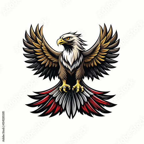 eagle with spread wings, detailed digital art, sharp and crisp, photorealistic, cinematic lighting, dramatic contrast, high contrast, black and white on white background in Adobe Illustrator Artwork