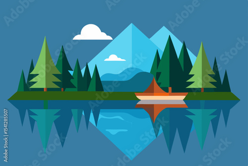 Serene Mountain Lake Landscape  Peaceful Boat Scene Illustration