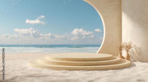 Minimalist beachside 3D mockup featuring a beige podium resting on sand, optimized for product display