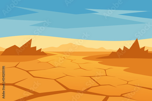 Arid Landscape  Cracked Earth and Distant Mountains Under a Clear Sky